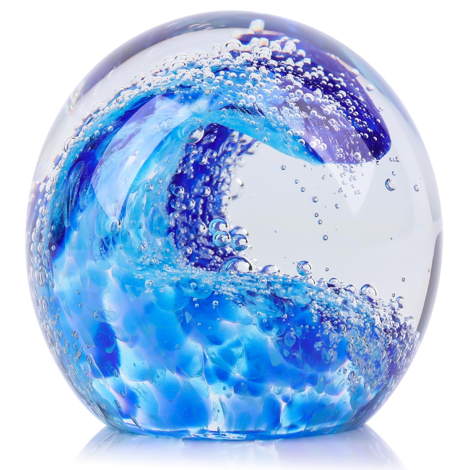 Photo 1 of Hand Blown Glass Ocean Waves Glass Ball Beach Office Decor, Blue Glass Paperweight Ideal Beach Decorations for Home, Suitability Seaside Villa Aquarium Ocean Lover's Gift