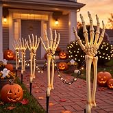 Junkin 12 Pcs Halloween Decorations Outdoor, Skeleton Arms Stakes Kit | Skeleton Hands Pathway Lights Klt 8 Skeleton Hands Stakes with 33ft Black Chain and LED Light Halloween Fence for Yard Garden