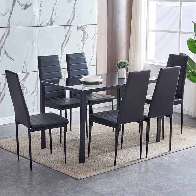 BOJU Black Dining Table and 6 Chairs Kitchen Dining Room Set Modern