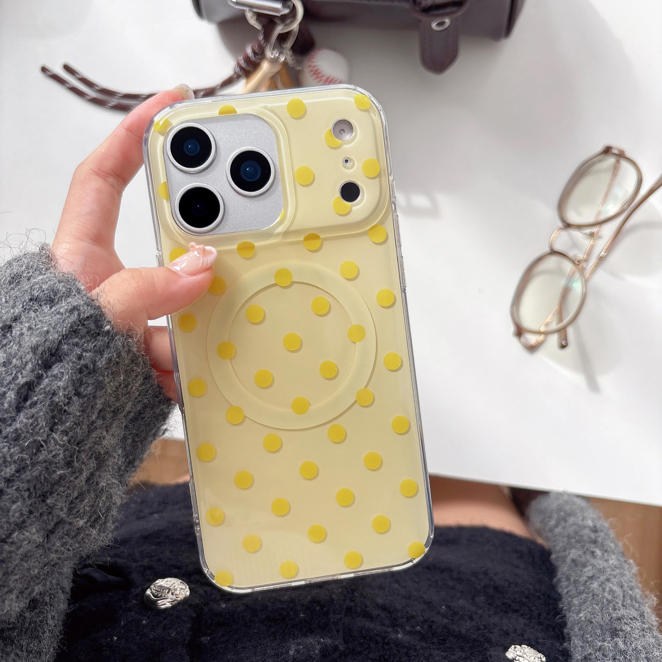 UEEBAI Polka Dot Magnetic Case for iPhone 17 Pro Max, Cute Polka Dot Phone Case for Winter Aesthetics Cover Compatible with Magsafe Soft Slim Phone Cover for Women Girls - Yellow
