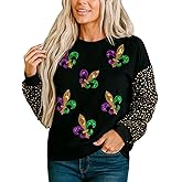 Mardi Gras Sequin Shirts for Women Patchwork Sparkle Fleur Graphic Long Sleeve Top Holiday Casual Tee