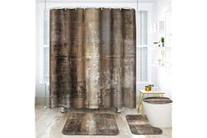 ArtSocket Burnt Brown Grey Bathroom Set with Shower Curtain and Rugs Accessory, Abstract Painting Modern Shower Curtain Set, Abstract Shower Curtain for Bathroom Decor 4 Pcs
