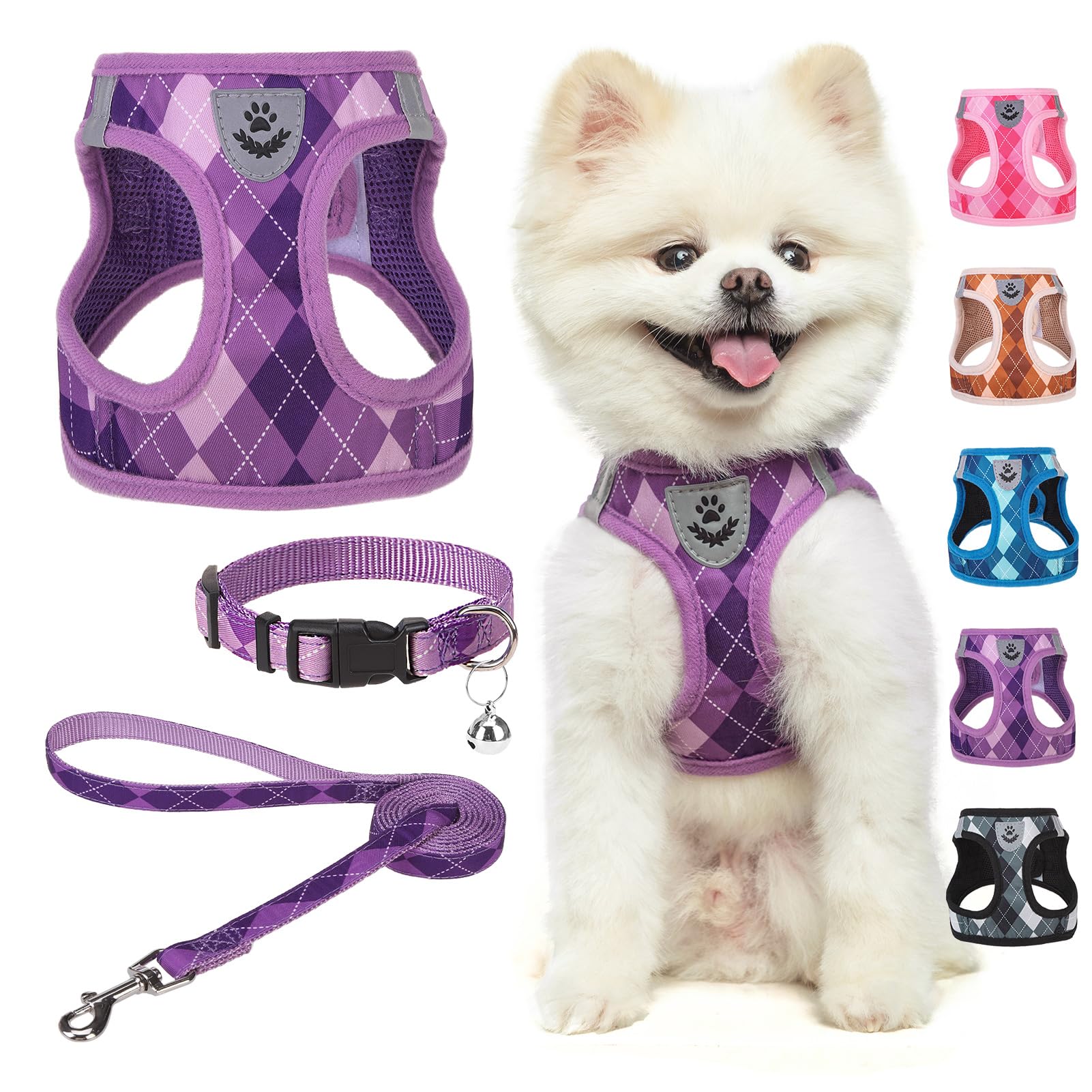 Photo 1 of SCENEREAL Small Dog Harness and Leash Collar Set, Step in No Pull Soft Mesh Dog Harnesses for Small Medium Sized Dogs Puppy and Cats Outdoor Walking, No Chock Reflective Vest Harness, Purple Plaid S