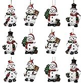 Snowman Hanging Christmas Tree Ornaments - Set of 12 - Snowmen with Red, Green and Gold Accents - Four Assorted Designs - Each Measures 1.25" H