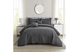 CHIXIN Botanical Oversized Bedspread King Size - Leaves Pattern Stitching Quilt Set - Elegant & Fresh Style Bedding Coverlets, Reversible, Lightweight, 5 Piece, Dark Grey