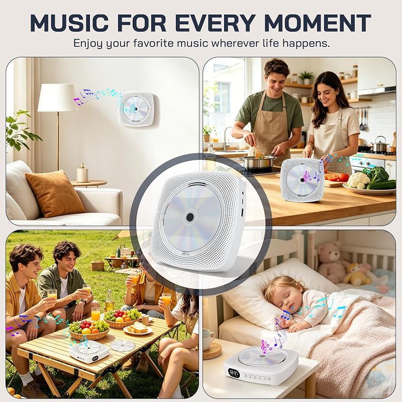 Tragbarer CD-Player WDV04 für Zuhause & Outdoor, Bluetooth-CD-Player mit Lautsprechern, integriertem 4000-mAh-Akku, FM-Radio, USB-Wiedergabe, Fernbedienung, Wandhalterung & Tischständer