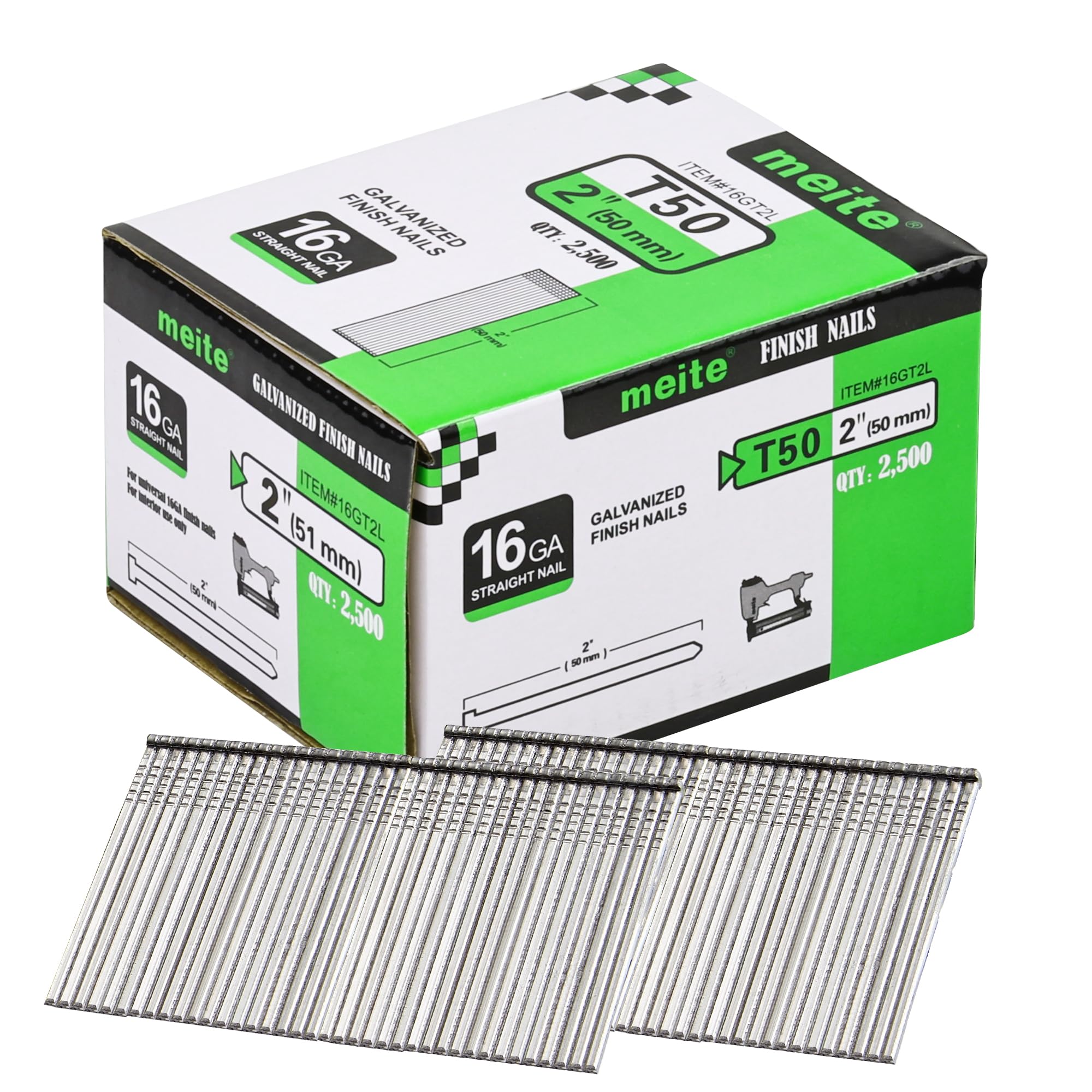 meite T50 16 Gauge Straight Finish Nails 50mm Length Galvanised Brad Nails for Nail Guns - Ideal for Woodworking, Upholstery, and Framing Projects (2,500 Pieces)