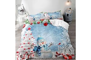 LUVIVIHOME 3PCS Snowman Duvet Cover Queen Bedding Set, Teen Boys Girls Kids Christmas Bedding, White Christmas Tree Red Cardinal Bird Winter Holiday Festival Light Blue Comforter Cover, 2 Pillow Cases