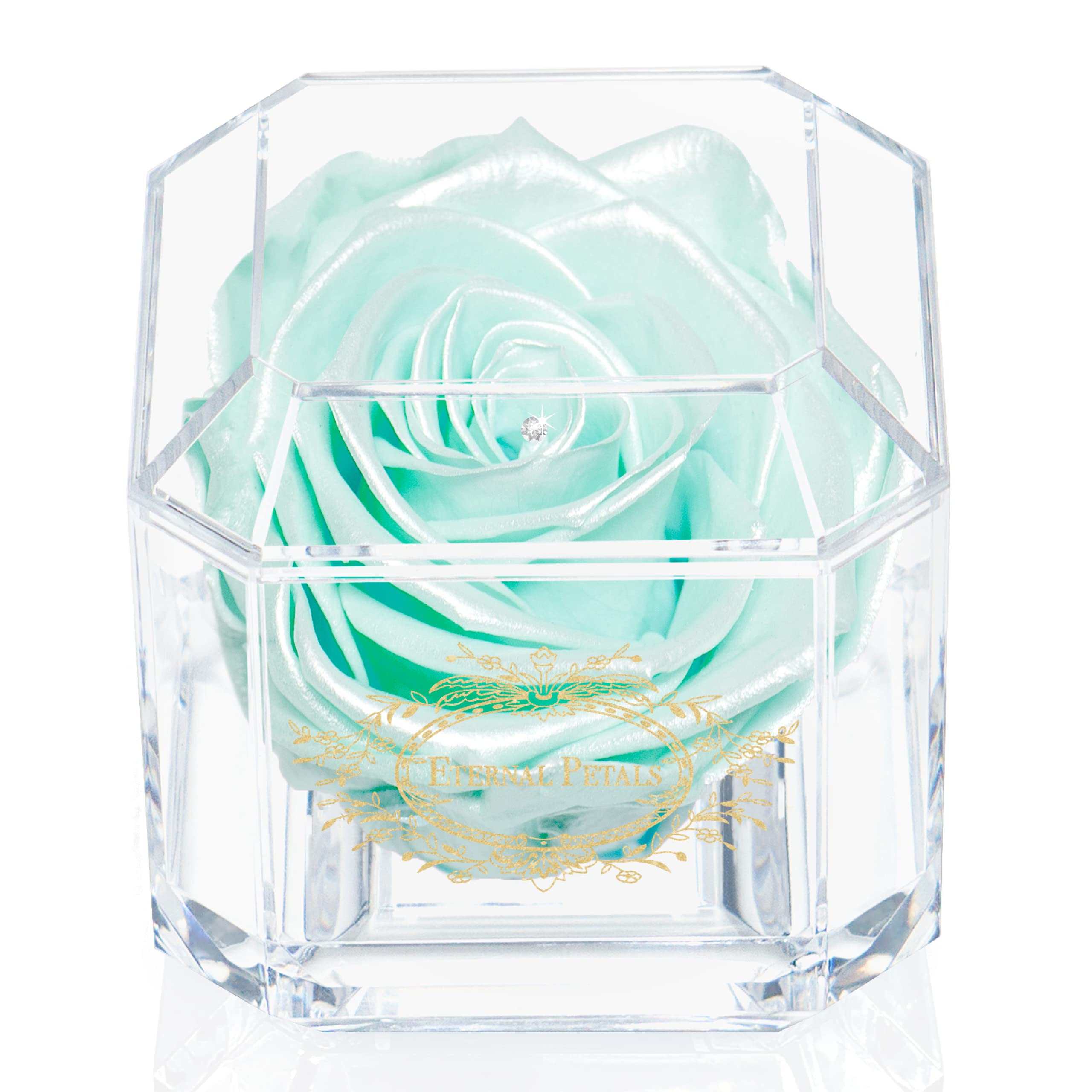 A 100% Real Rose That Lasts Years - Eternal Petals, Handmade in UK – Gold Solo with A Clear Crystal (Tiffany Satin)