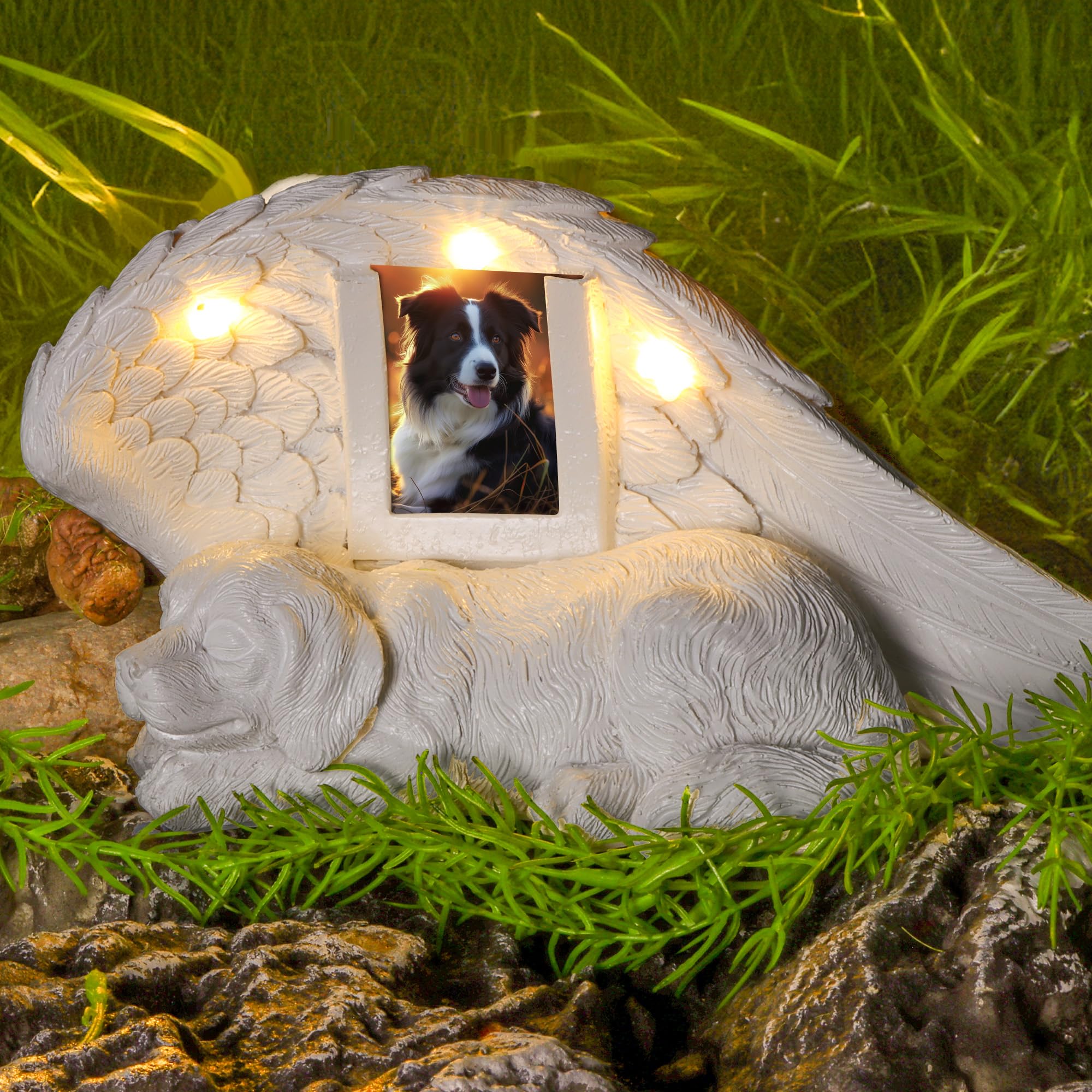 NorthSpoor Memorial Stone for Dogs, Memorial Gifts for Dogs with LED Solar Light, Dog Statue, Urn for Ashes, Memorial Stone for Pets, Resin Tombstone, Sleeping Dog Angel Figure Made of Resin