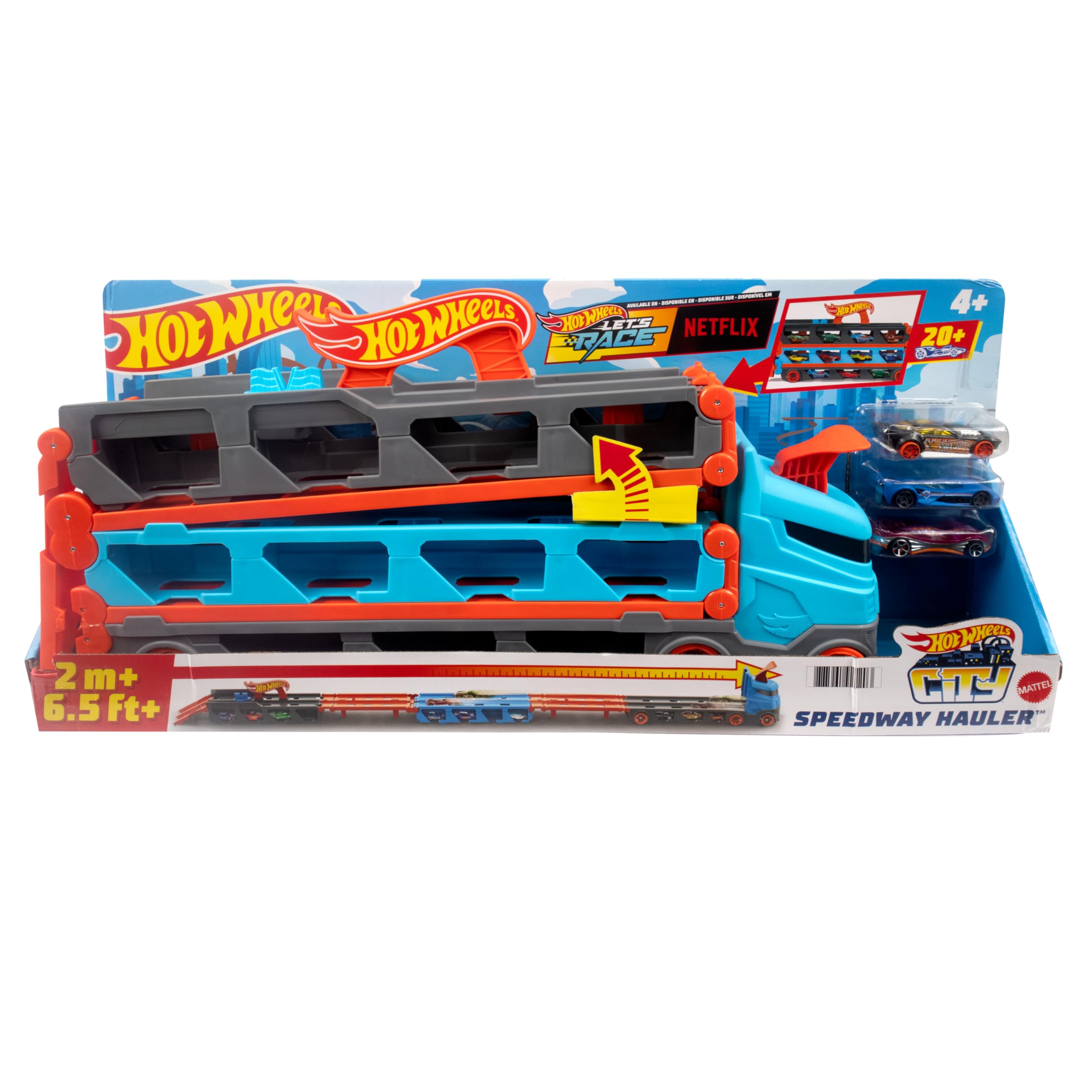 Hot Wheels - Speedway Hauler Storage Carrier with 3 1:64 Scale Cars & Convertible 6-Foot Drag Race Track for Kids 4 to 8 Years Old, Stores 20+ Cars & Connects to Other Playsets, HGH33