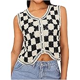 Verdusa Women's Sweater Vest Button Front V Neck Sleeveless Crochet Plaid Checkered Knit Sweater Vest