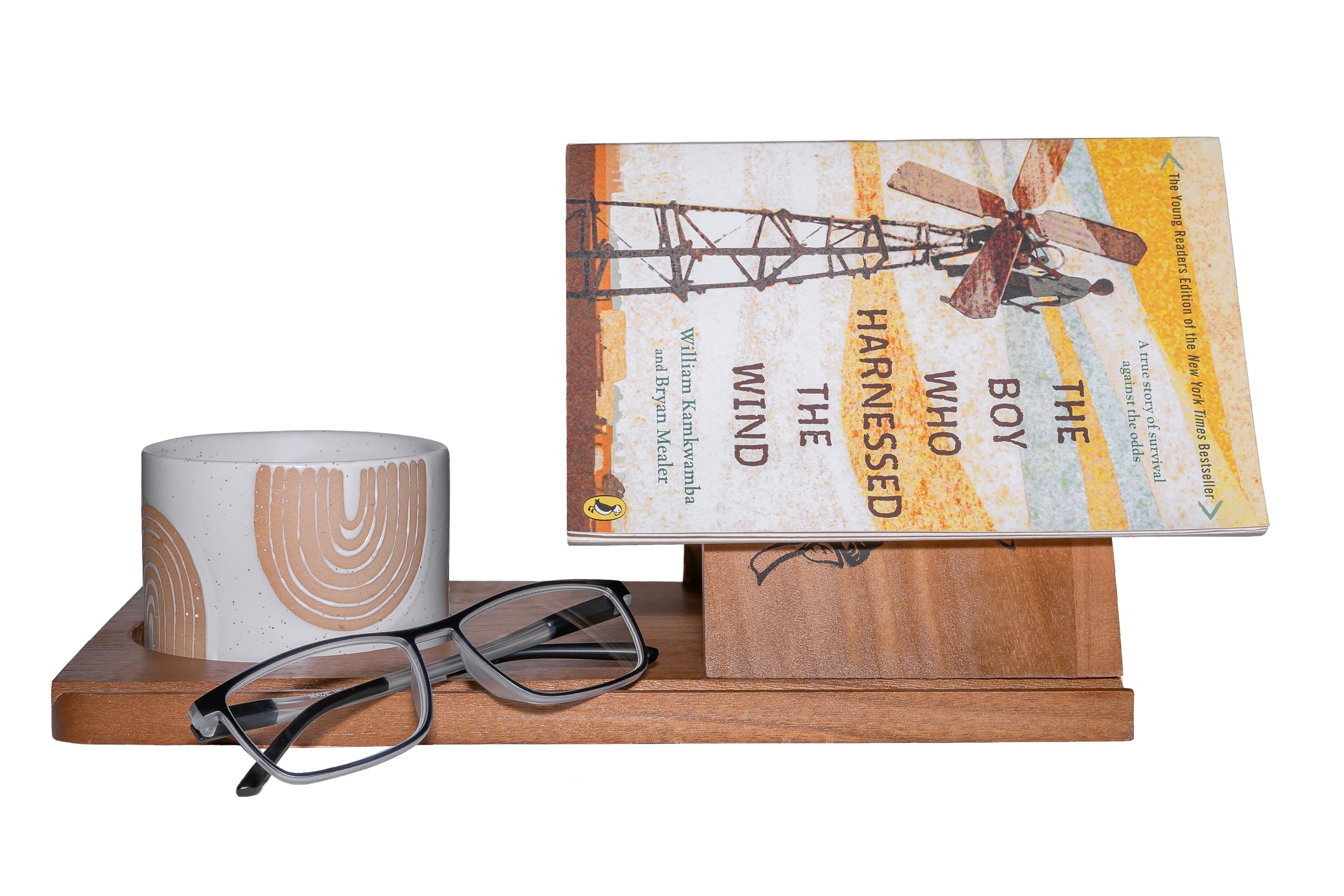 Photo 1 of Wooden Triangle Book Stand & Reading Valet – Book Rest with Cup, Phone, Glasses & Pen Holder – Nightstand Book Holder & Gift for Book Lovers, Readers & Bibliophiles