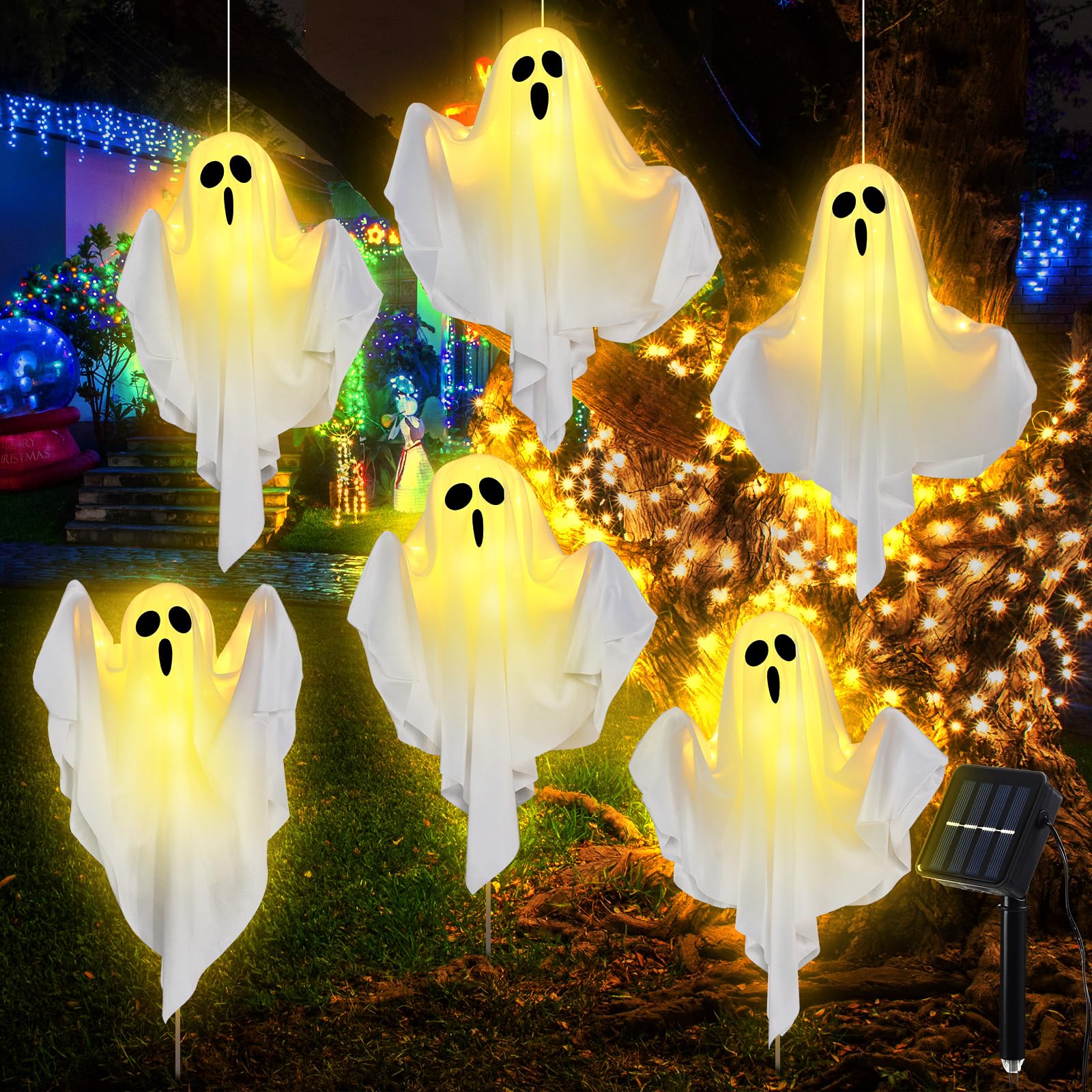 Photo 1 of Kittmip 6 Pack 20'' Solar Halloween Ghost Lights Outdoor Decorations Halloween Hanging Lighted Glowing Ghost with Stake for Porch Tree Yard Garden Pathway