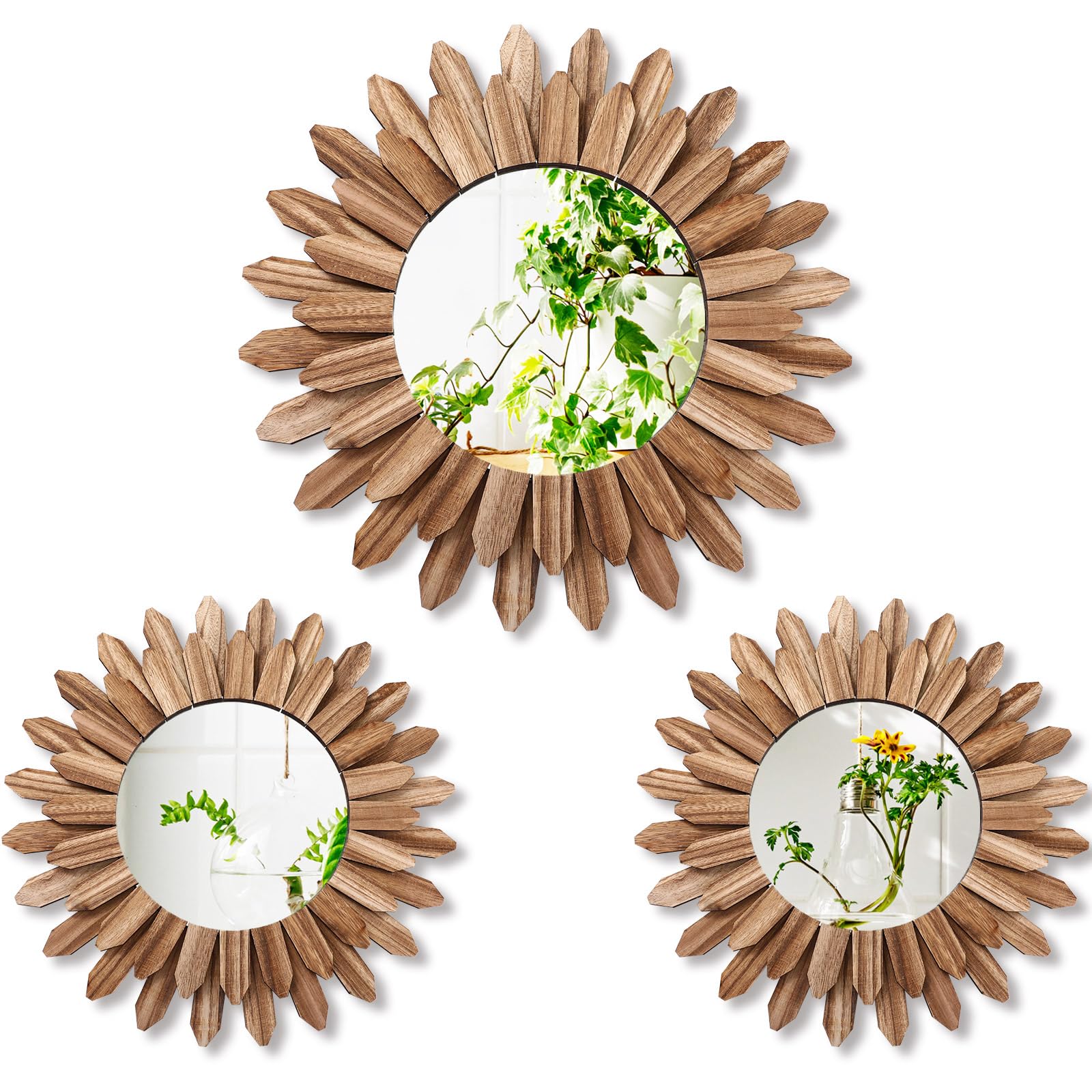 Photo 1 of Gulfmew 3 Pcs Boho Wall Decor Round Sunburst Mirror Boho Circle Mirror with Rustic Wood Frame Decorative Hanging Wall Art for Farmhouse Home Decor,17 Inch and 12 Inch(Wood Color)