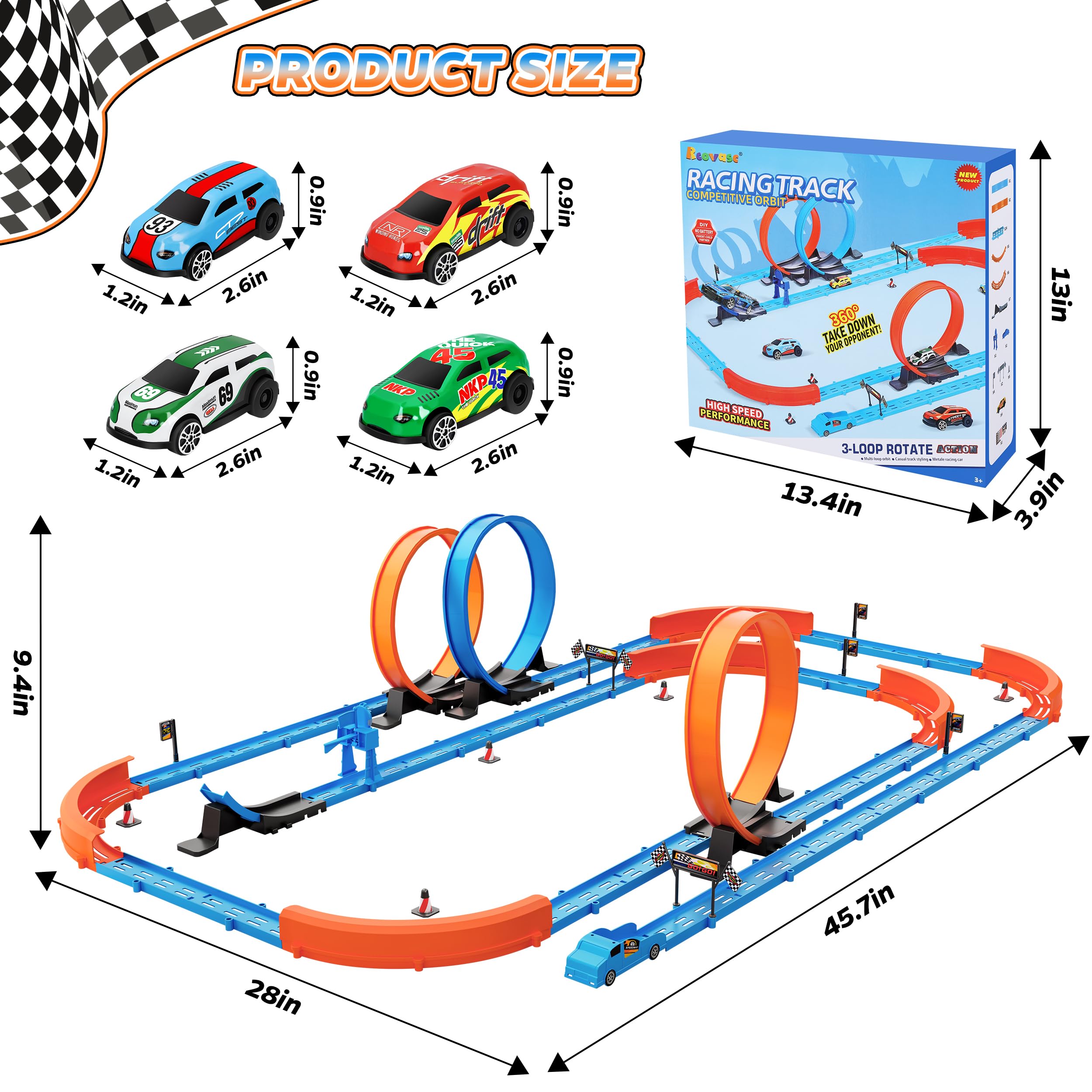 ‌Slot Car Race Track Sets with 360° Thrill Loops & 4 High-Speed Cars, 64 Pcs Large Flexible Racing Track for Kids Ages 3-5 4-8 8-12, Race Car Toys Gift for Boys Girls Birthday Christmas