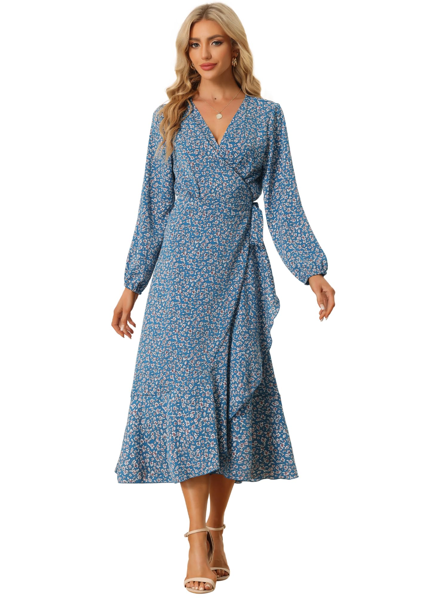 Photo 1 of Allegra K Women's Long Sleeve Midi Dress Tie Waist Vintage Floral Print Wrap Boho Flowy Long Dresses Large Blue