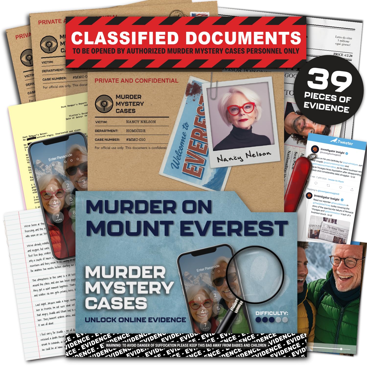 Lucky Egg MMC Murder on Mount Everest – High-Altitude Murder Mystery Game for Adults – 39 Evidence Pieces, 2-3 Hours Gameplay (3/5 Difficulty) – Cold Case Files Game for 1+ Players