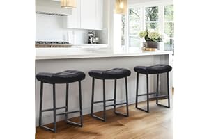 RNKSFX Black Modern Bar Stools Set of 3 for Kitchen Counter 24 inch Counter Height Backless Barstools with Upholstered Faux Leather Saddle Seat and Metal Frame Industrial Bar Chairs