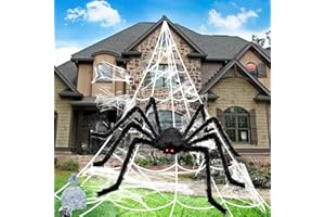 BOSONER Halloween Decorations Spider Web Outdoor: 1Pcs 50'' Giant Spider + 200'' Triangular Spider Web with Hook, Stretch Web