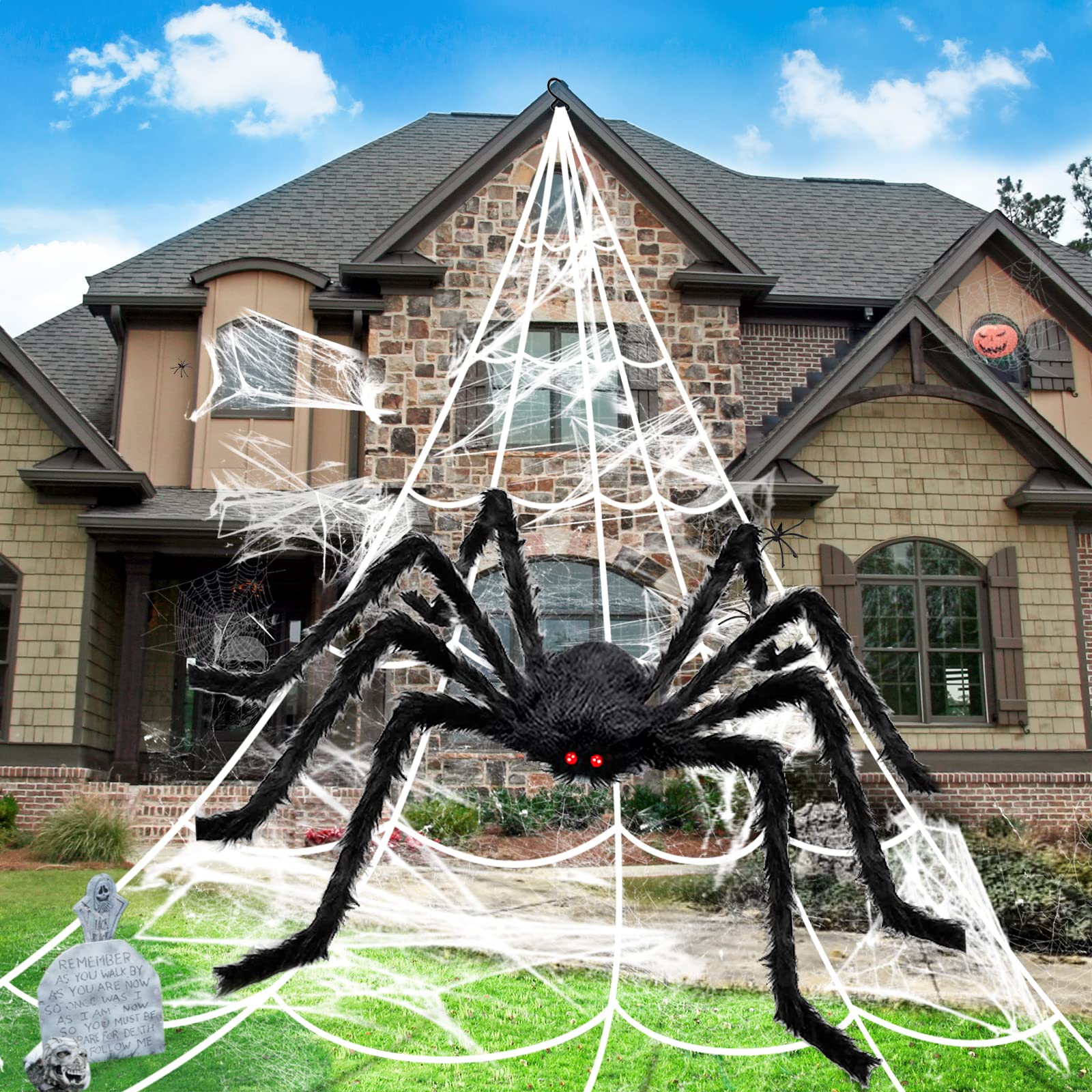 Photo 1 of BOSONER Halloween Decorations Outdoor Spider Webs: 1Pcs Giant Spiders - 200'' Triangular Web with Hook - Stretch Web and Ground Stakes for Large Halloween Decor and Haunted House Decoration