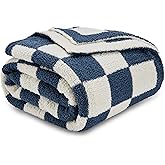 CozeCube Super Soft Fullfy Microfiber Reversible Knitted Blankets, Warm Cozy Fuzzy Plush Throw, Dusty Blue and White Checkered Throw Blanket for Couch Bed Sofa, 50" x 60"