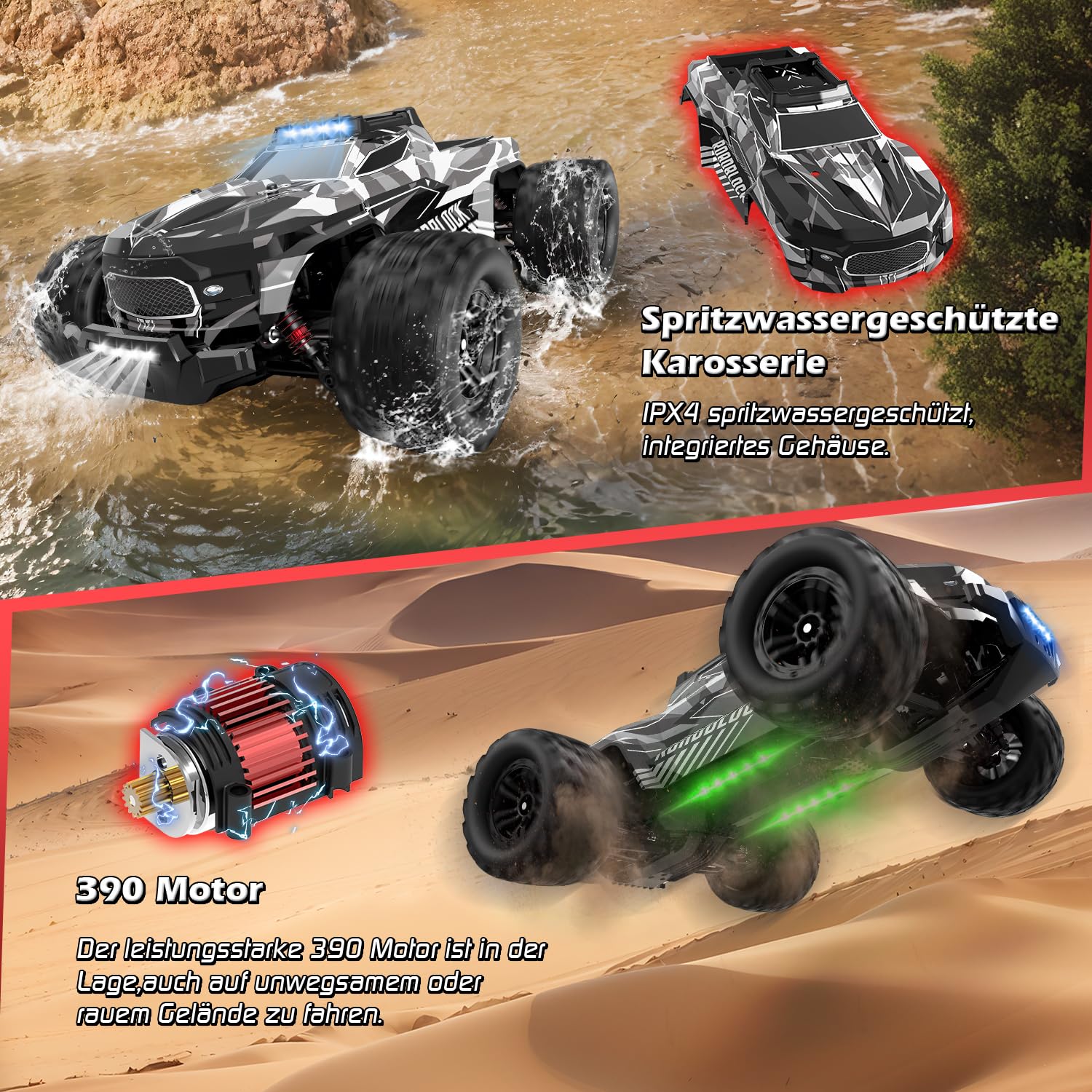 Ferngesteuertes Auto, 1/14 RC Auto mit 7 Farben Lichtern, 40KM/H Monstertruck Rc Truck, 2.4GHz Rc Auto Offroad mit Zwei Batterien, 4WD Wasserdichter RTR All Terrain, Rc Buggy für Kinder Erwachsene 5