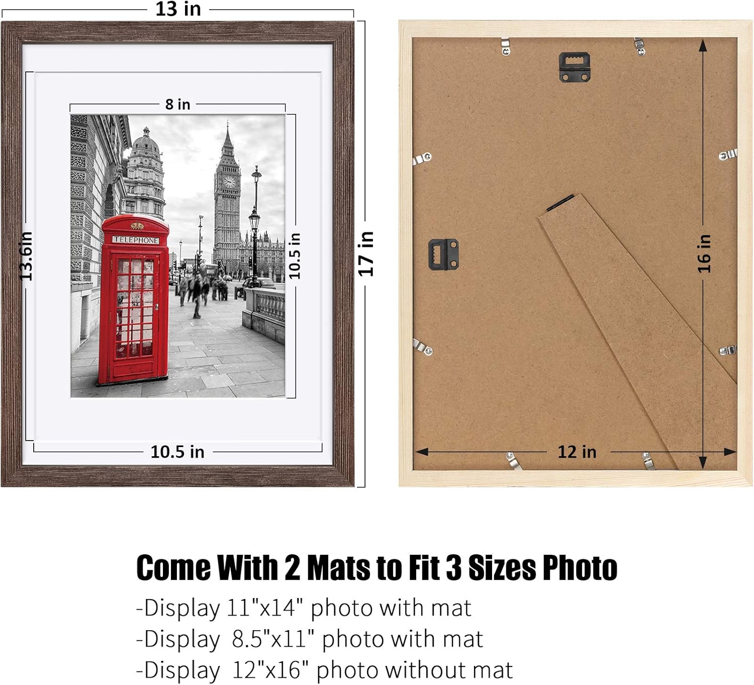 12x16 Rustic Picture Frames Solid Wood Display Pictures 11x14 or 8.5x11 Diplomas with Mat or 12x16 without Mat, Farmhouse Distressed Wooden Picture Frame for Wall or Table Top Display, Walnut -