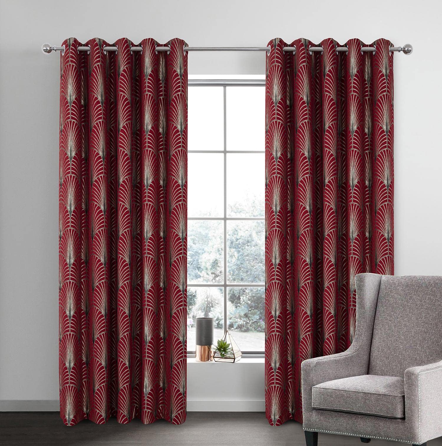 always4u Thermal Curtains Eyelet Soft 60% Blackout Curtain for Living Room Lined Woven Peacock Tail Pattern Energy Saving Window Drapes A Pair Dark Red 90 * 90 Inches
