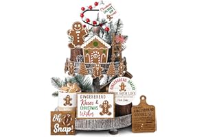 GlikCeil 20 Pcs Neutral Christmas Tiered Tray Decor Gingerbread Wood Sign Rustic Christmas Table Decorations Mini Block Signs for Xmas Winter Kitchen Home Table Centerpiece(Gingerbread Style)