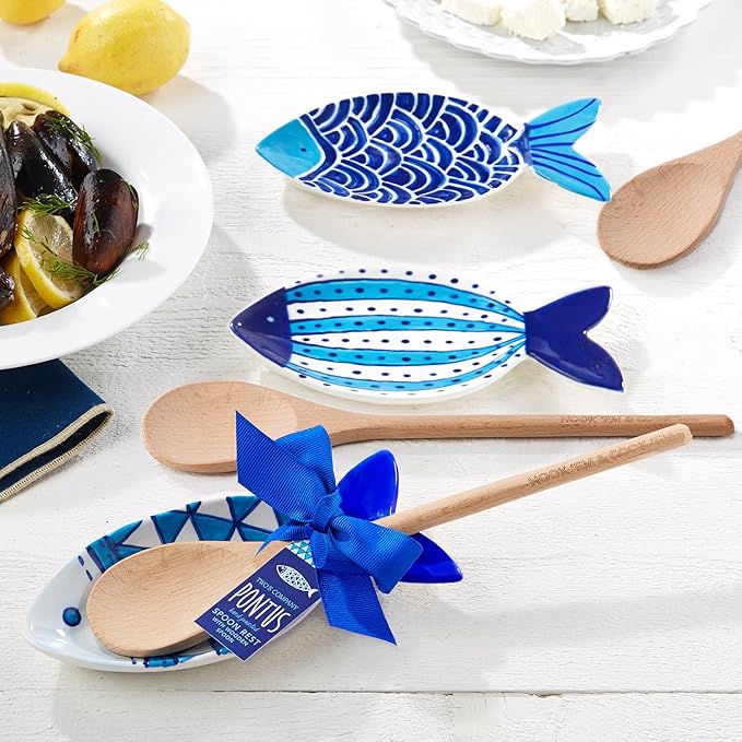 Hand Painted Fish spoon rest with wooden spoon set ideal gift in fresh