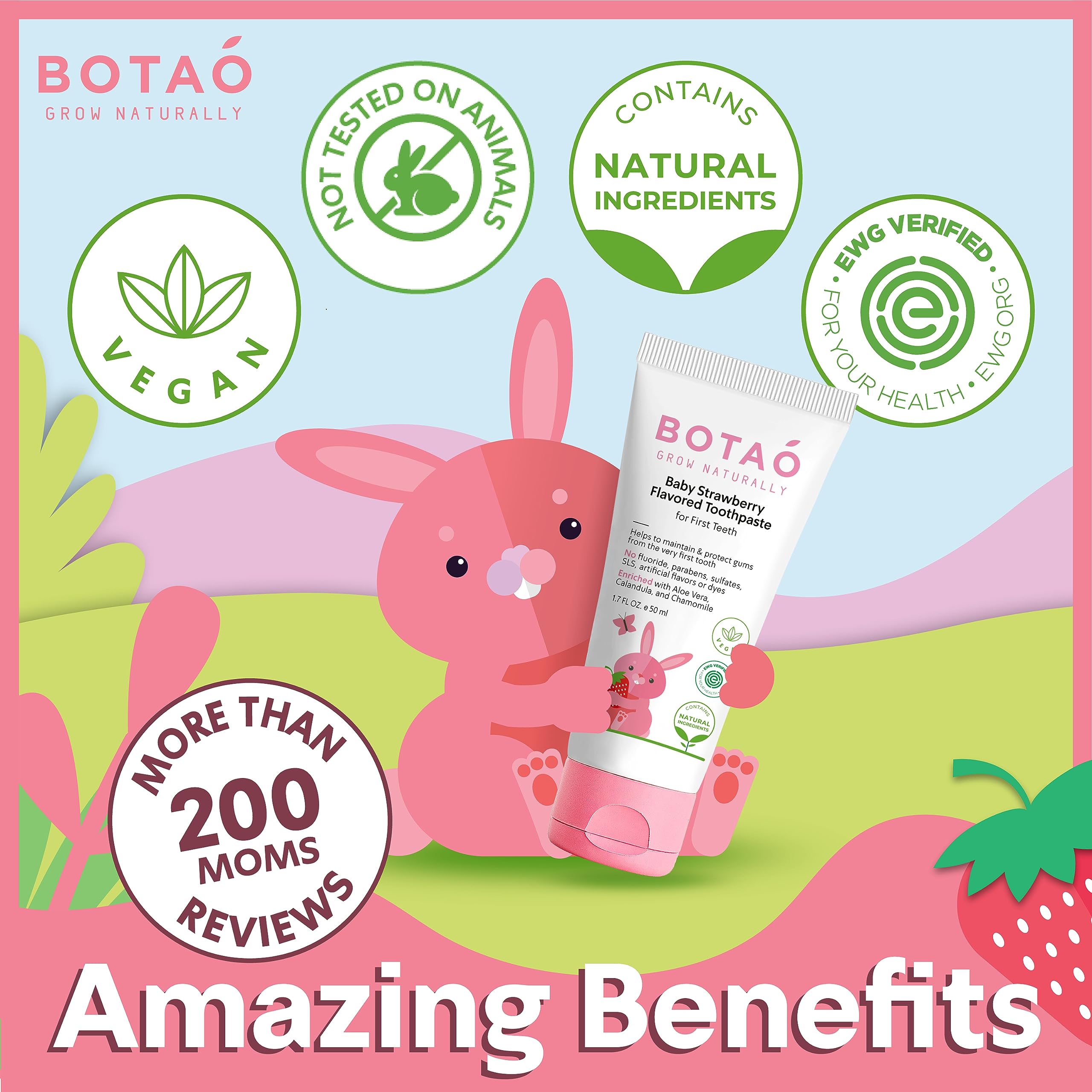 Fluoride Free Baby Toothpaste | Strawberry Flavored - Organic Training Natural Toddler Toothpaste for Toddlers | EWG Verified, Vegan, SLS Free, Safe to Swallow, Aloe Vera -1.7Oz