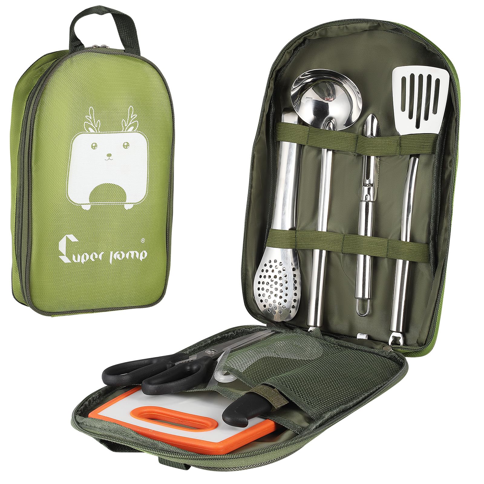 Camping Cooking Utensils Set, 8Pcs Portable Camping Kitchen Utensils Organizer Travel Set with Cutting Board,Tongs,Scissors,Spoon,Storage Bag,Outdoor Camping Cutlery Set for Travel, Picnic, BBQ,Hiking