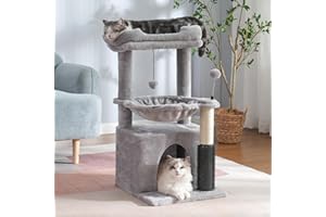 Pawfessor Cat Tree 32 Inches Small Cat Tower with Large Hammock Dia 15.7”,Self Groomer, Fully Scratching Post, Removable Top Bed and Wide Hideway Condo for Indoor Cats-Gray