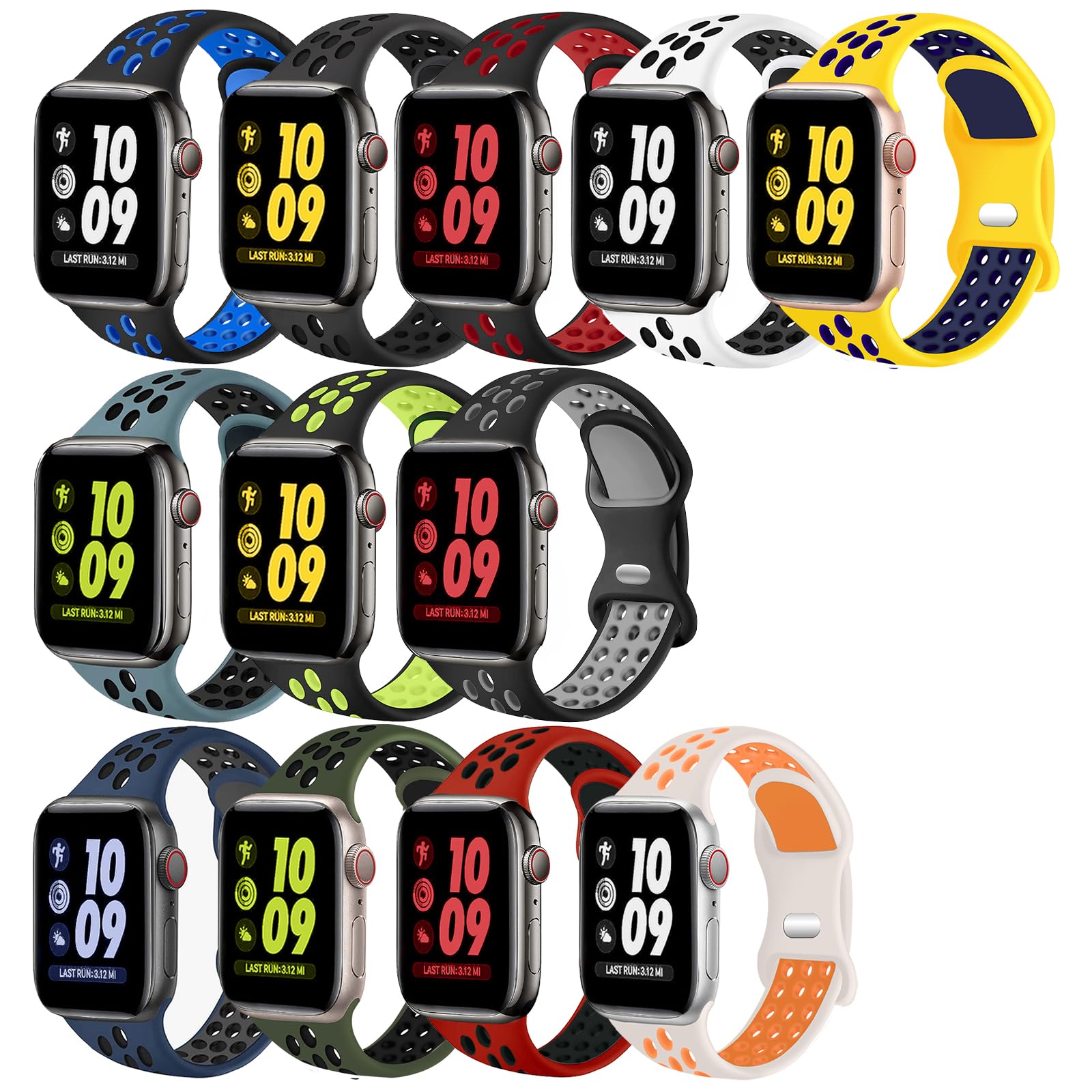 Brigtlaiff 12 Pack Compatible with Apple Watch Sport Band, Breathable Silicone Replacement Strap for iWatch Series 8 7 6 5 4 3 2 1 SE Ultra - 42mm 44mm 45mm 49mm