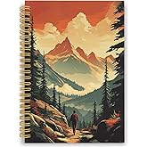 XPH Vintage Mountain Hiking Spiral Notebook, Nature Hiker Journaling Notebooks for Men Women, Forest Scenery Hardcover Journals for Office 160 Pages 5.5 x 8.3 Inch, Hiking Gifts for Women Men