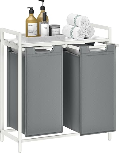 VASAGLE 2-Compartment Laundry Hamper with Shelf 92 L Slate Grey White BLH201W11