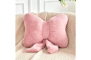 XVTRU Dusty Pink Bow Pillow, Soft Bow Decorative Pillows with Faux Rabbit Fur, Cute 16" Bow Throw Pillows, Aesthetic Home Decor Bow Shaped Plush Pillow for Bedroom Sofa Couch