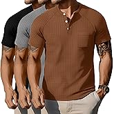 Evervibe 3 Pack Men's Big and Tall Waffle Henley T-Shirts, Raglan Short Sleeve Button Oversized Tops Basic Tees with Pocket