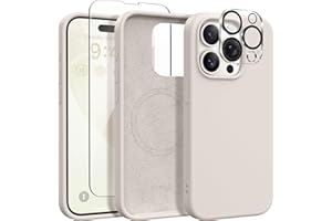 GONEZ for iPhone 15 Pro Max Case Silicone, Compatible with Magsafe, 2X Camera Protector + 2X Screen Protector, Soft Anti-Scratch Microfiber Lining, Liquid Silicone Shockproof Phone Cover, Stone