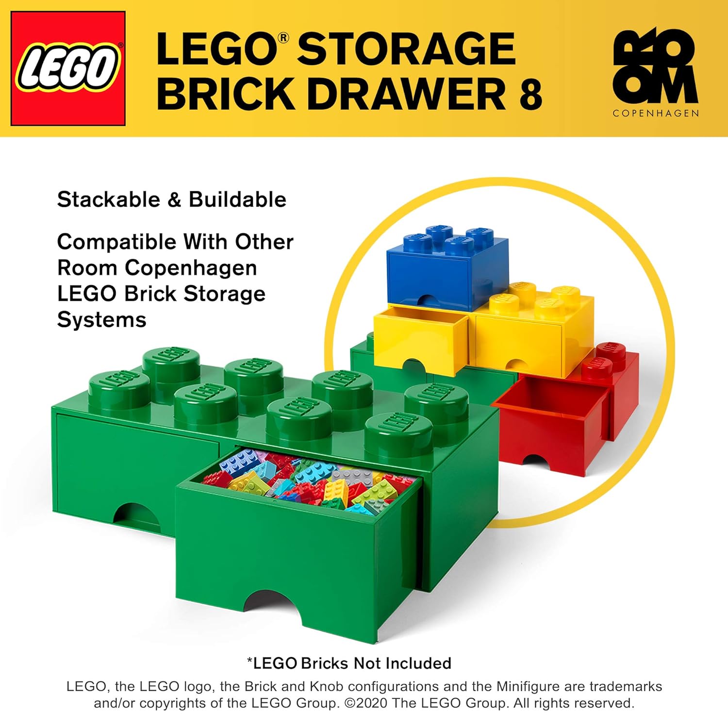 LEGO Brick Drawer, 8 Knobs, 2 Drawers, Stackable Storage Box, Dark Green: Room Copenhagen: Toys & Games