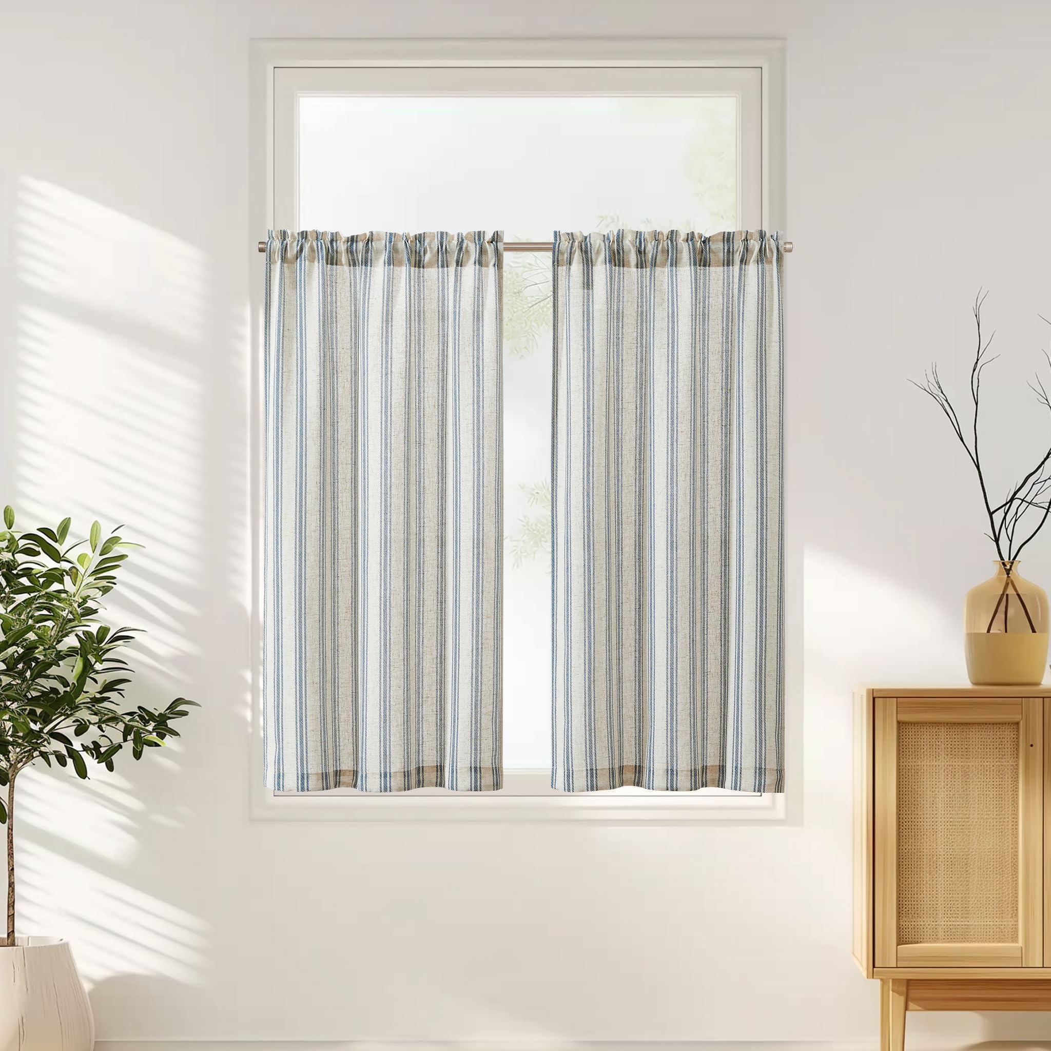 Photo 1 of jinchan Striped Linen Kitchen Curtains 45 Inch Cafe Tier Curtains Balanced Stripe Farmhouse Small Drapes for Bathroom Laundry Over Sink Half Window Light Filtering 2 Panels Blue on Linen
