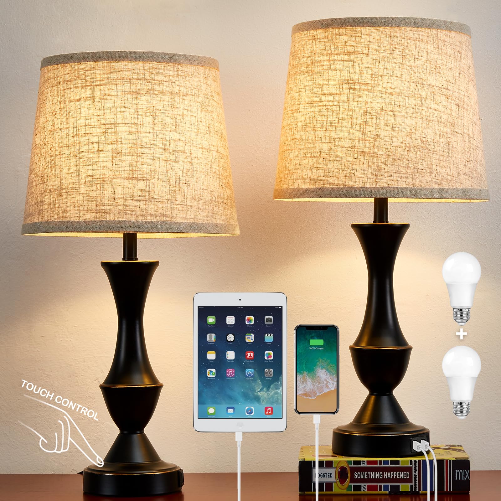 Photo 1 of ***PARTIAL SET*** Upgraded Touch Table Lamps Set of 2, 22" Tall Bedside Lamps with USB C+A Ports, 3 Way Dimmable Nightstand Lamps for Bedroom, Living Room, Office, Black Lamp with Beige Lampshade, Bulb Included