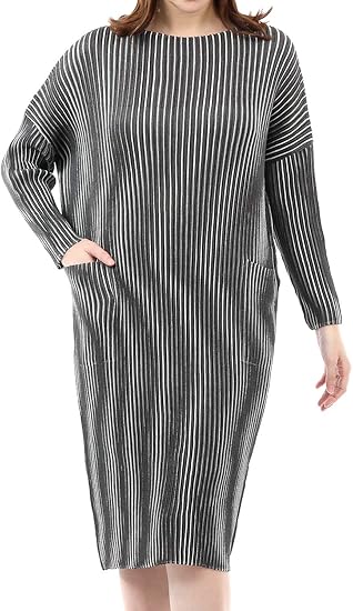 Amazon Co Jp Specchio スペッチオ シャトルプリーツ ストライプ プリント 長袖 ワンピース 3 31号 ブラック グレー 服 ファッション小物