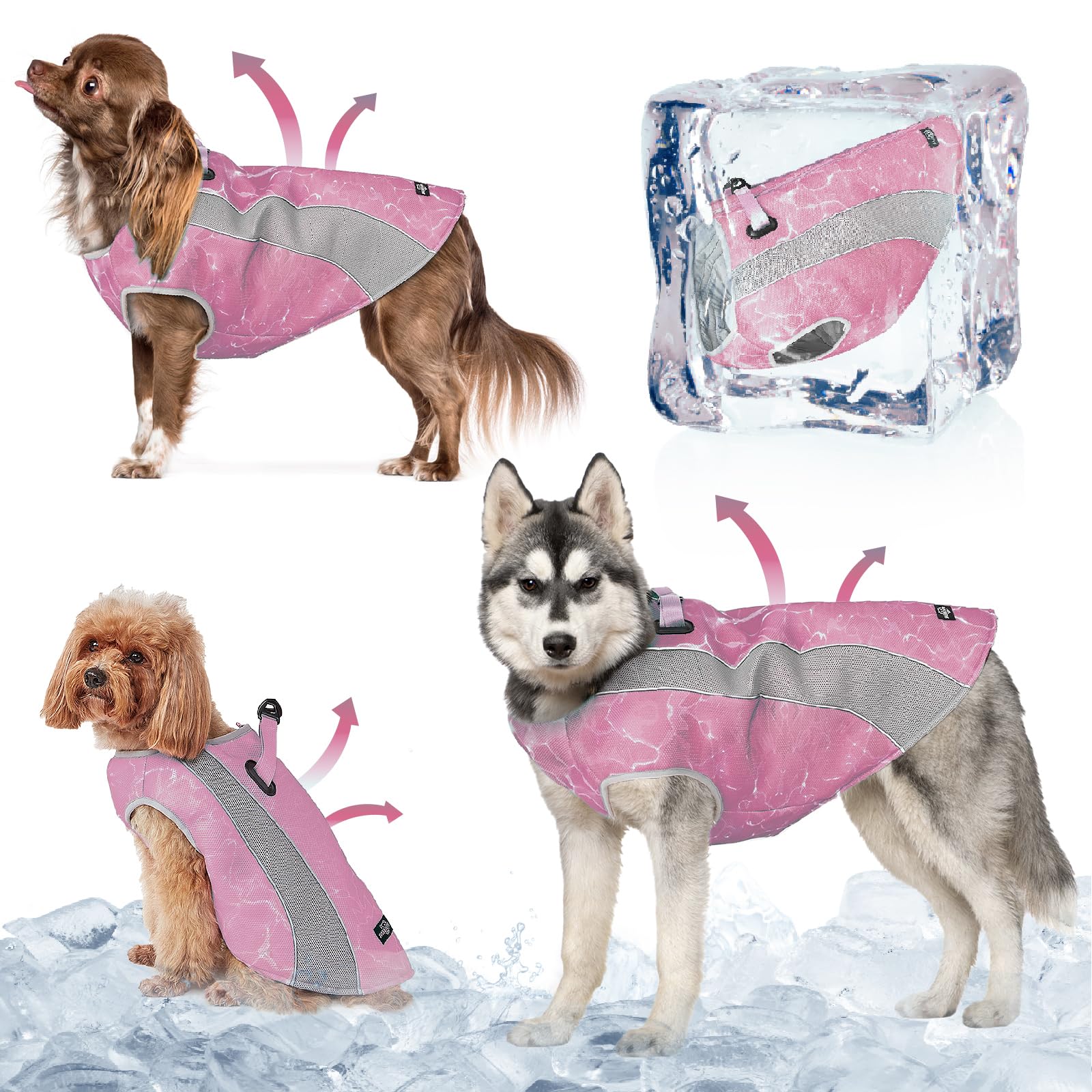 TOPSOSO Dog Cooling Vest Jacket with Double Adjustable Zippers and Buckle, Sun Protection Evaporation Ice Vest for Pet Dogs, Effective Cooler Dog Summer Coat for Outdoor Hunting and Camping (Pink, S)