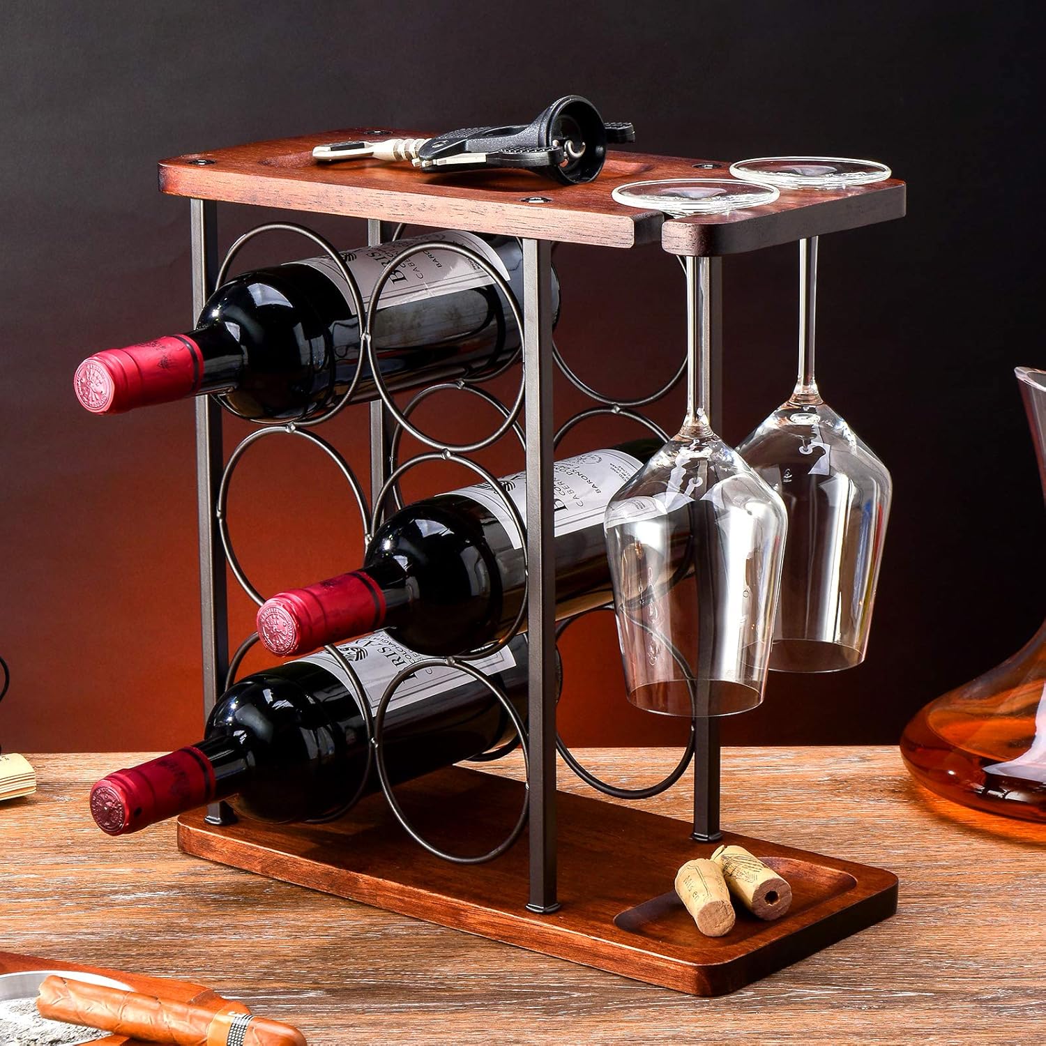 Download Freestanding Wine Racks Cabinets Howdia Luxury Wine Holder Rack Countertop Wine Bottles Organizer Stand Tabletop Liquor Storage Shelf Wood Iron For 6 Wine Bottles And 2 Wine Glasses Get Corkscrew