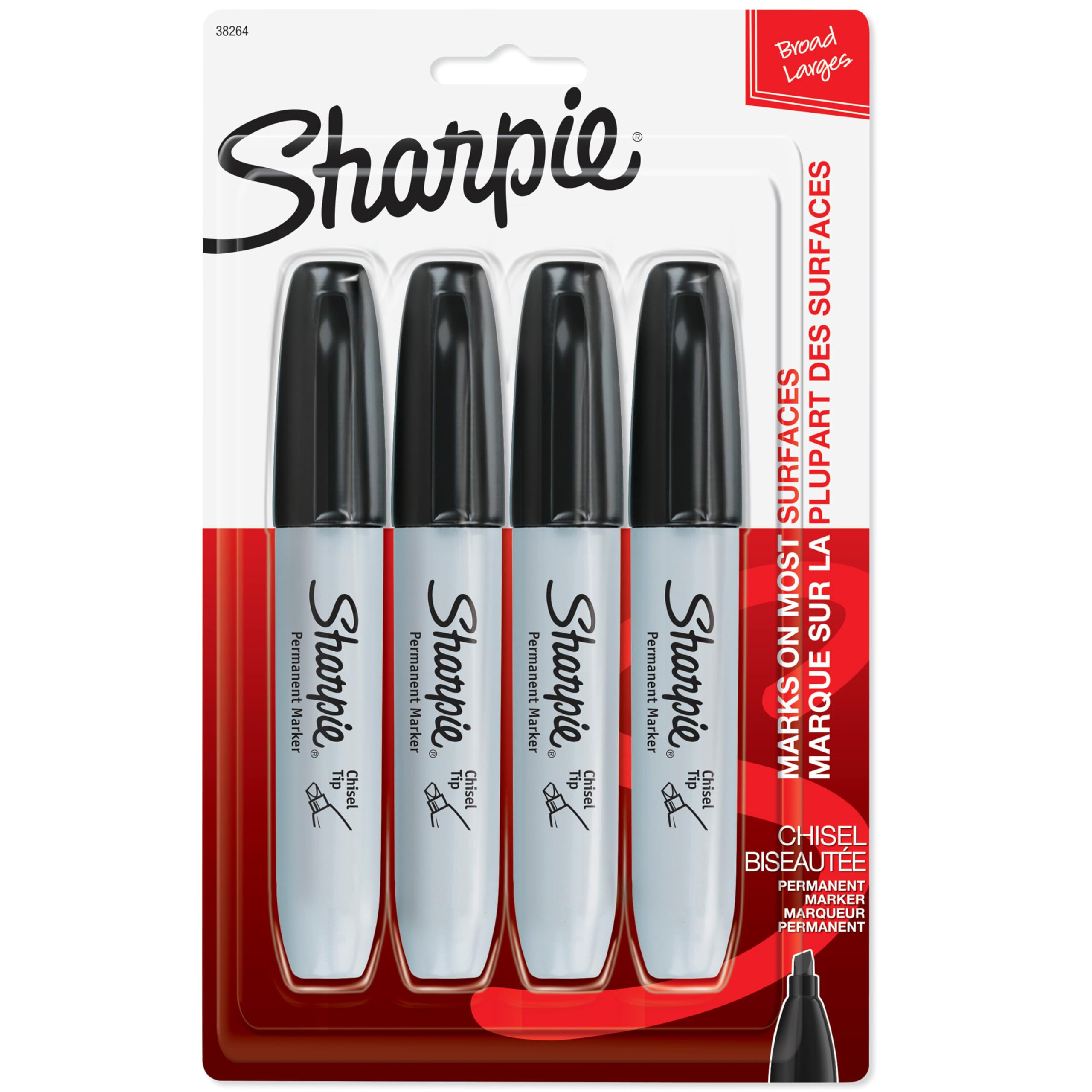 Sharpie Permanent Markers, Large, Chisel Tip, Black, 4 Count - Marks on Paper, Plastic, Metal, and More