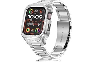 San Jeirie Stainless Steel Case and Band for Apple Watch Band 45mm,Rugged Apple Watch Case with Metal iWatch Band for Men Series9 8 7(Silver)