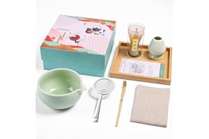 ZENRC Ceremony Matcha Kit - Handmade Bamboo Matcha Whisk (Chasen) Scoop (Chashaku) Spouted Chawan Bowl Whisk Holder Sifter Bamboo Tea Tray Towel- The Perfect Matcha Set (Apple Green, Set of 7)