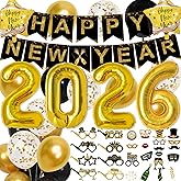 2026 Happy New Years Decorations Set New Years Eve Party Supplies 2026, Gold Numbers 2026 Balloons, New Year Photo Props and Happy New Year Glasses